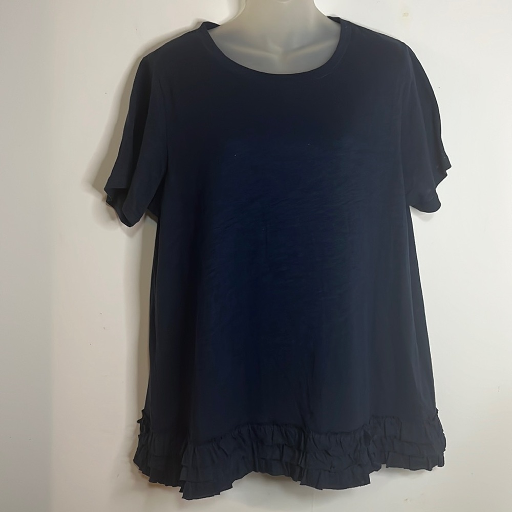 Cotton Bleu T-Shirt Women's Size M Black Knit Ruffled Hem Short Sleeve Tee